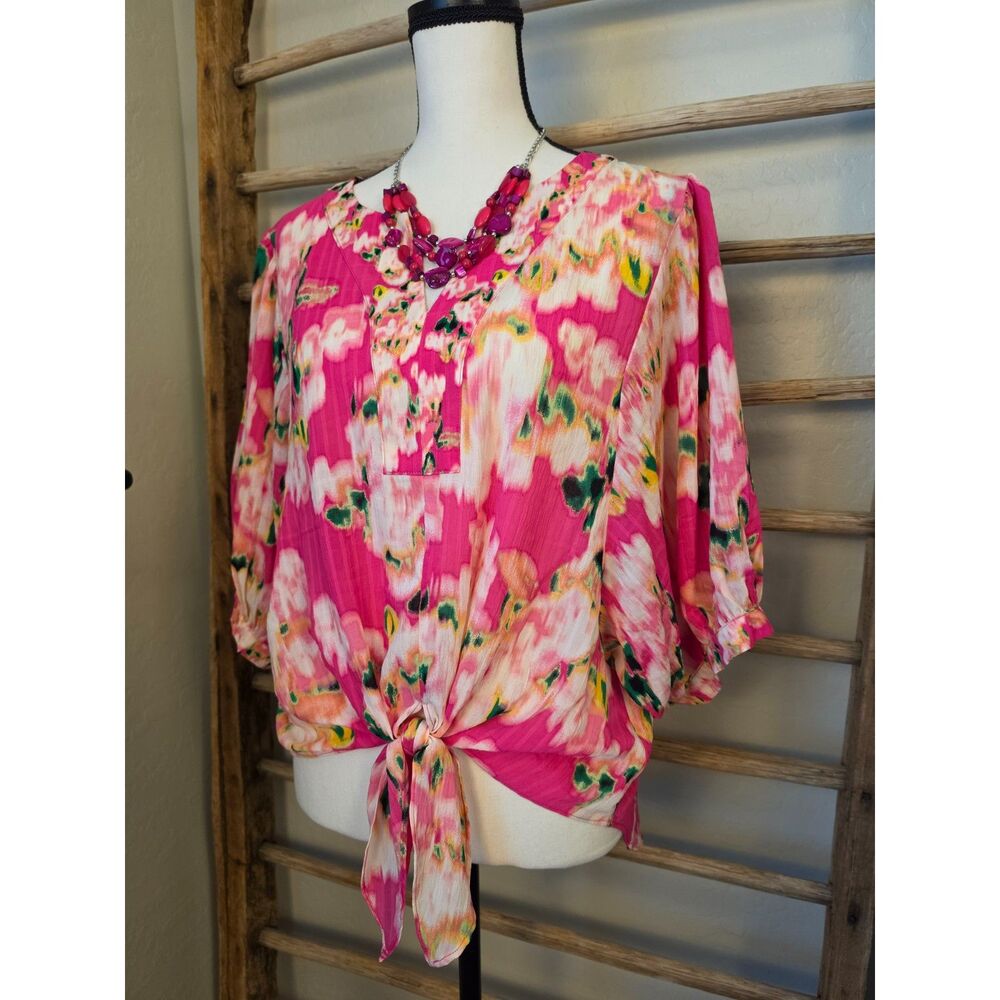 Rose + Olive Pink Floral Tie Front Blouse 3/4 Sleeve Boho Size L